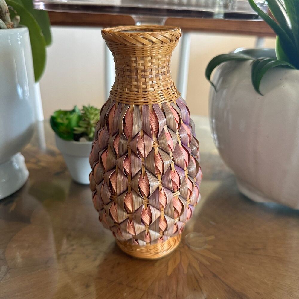 Vintage Pink & Purple Woven Basket Bud Vase with Ceramic Insert | Boho Decor, Ru